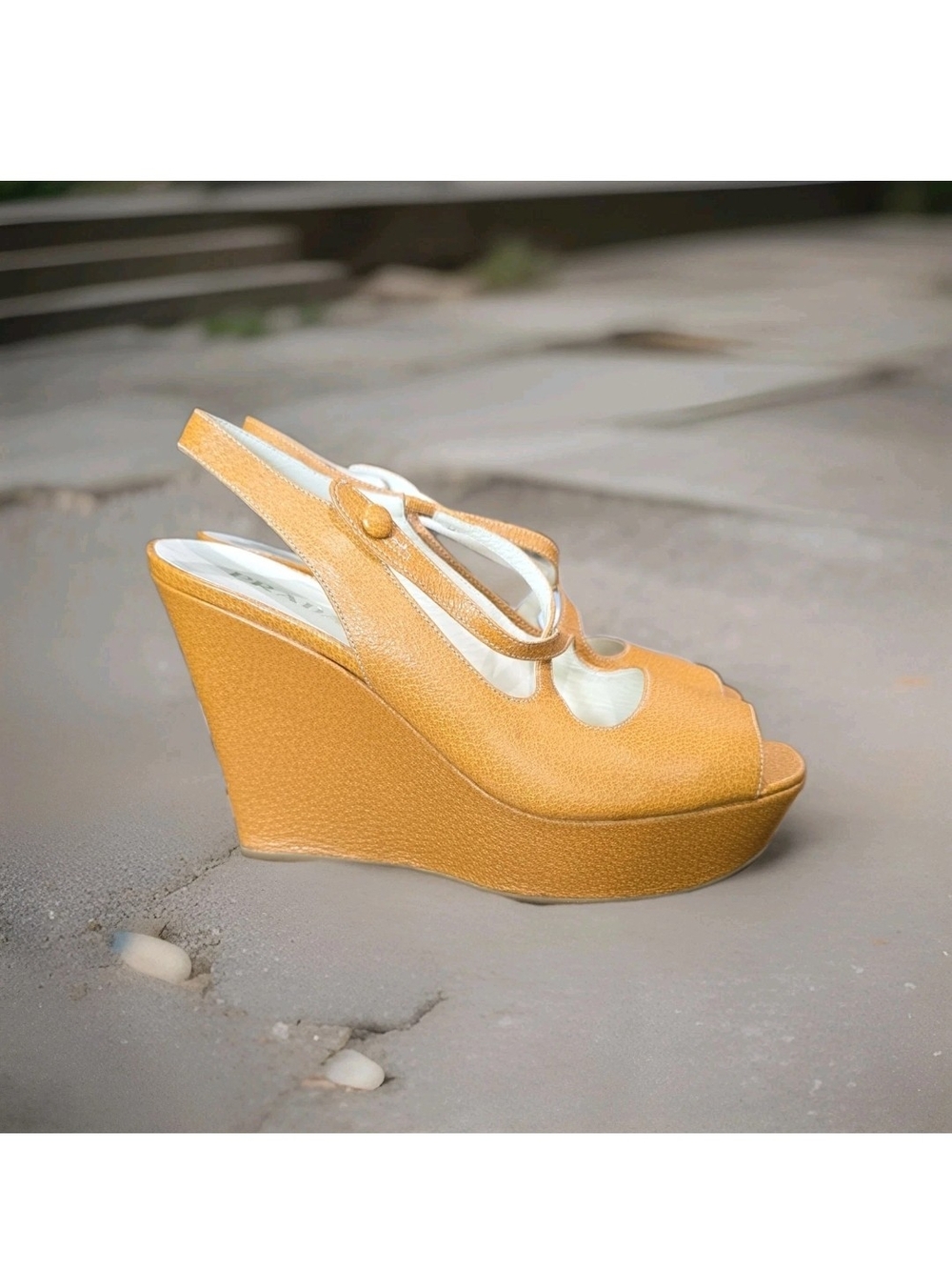Prada Mustard Yellow Leather Slingback Peep-Toe Heels - Picture 2 of 6